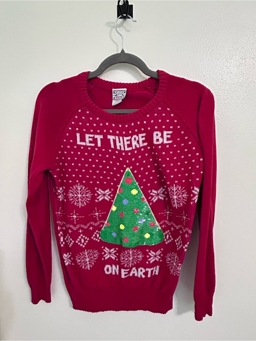 Women’s Red Crewneck Holiday Sweater with Embellished Tree